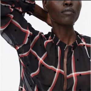 Black and Res Zara Basic Sheer Checker Dot Split Mock Neck Top Puff Sleeves - S